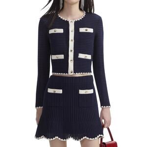 Self-Portrait Contrast-Trim Navy Cropped Crochet Cardigan Size L